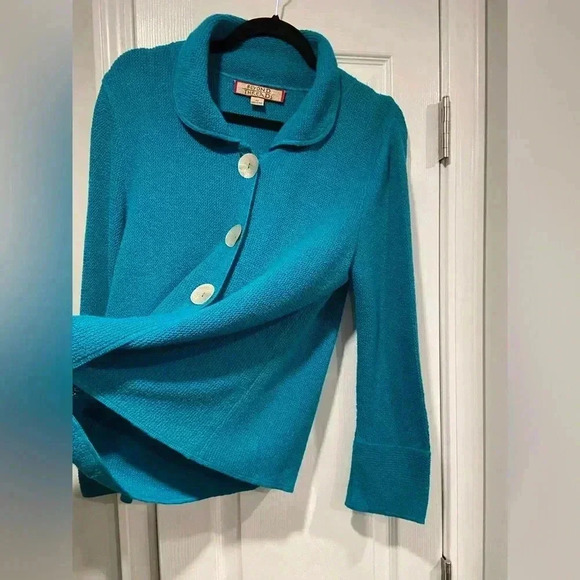 Beyond Threads Turquoise Knit Collared Cardigan Large Shell Buttons Size M - Picture 7 of 11